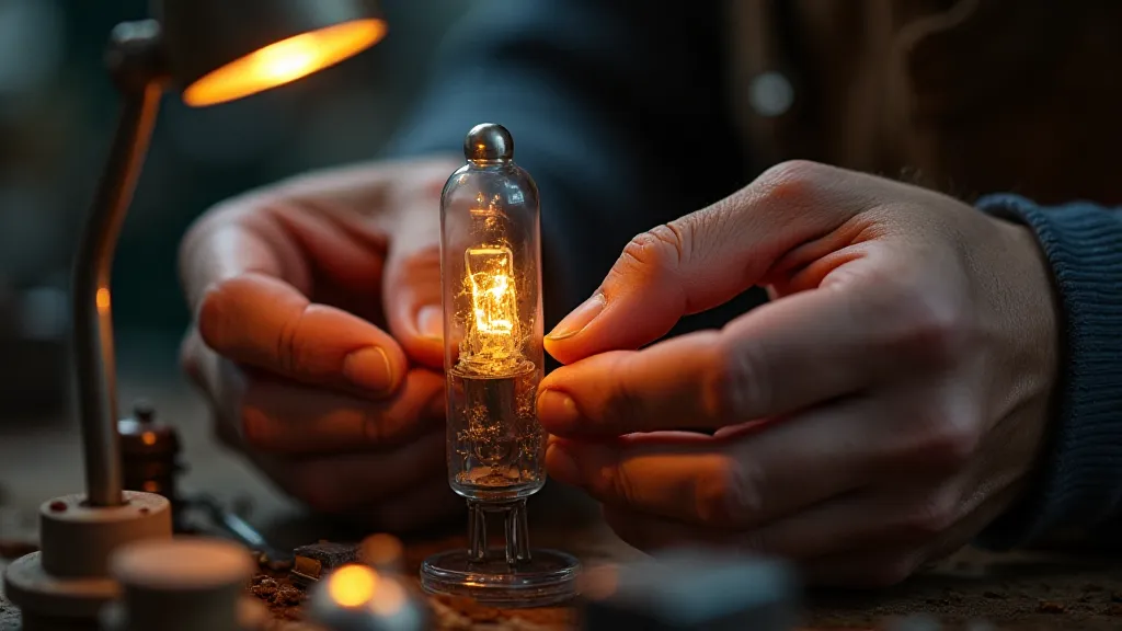 Craftsman's hands repairing a vacuum tube