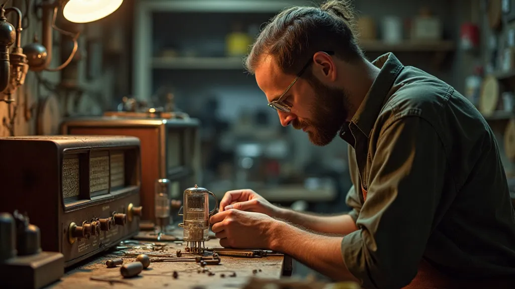 Vintage radio repair shop scene
