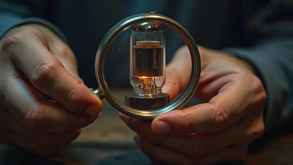 Restorer examining vacuum tube with magnifying glass