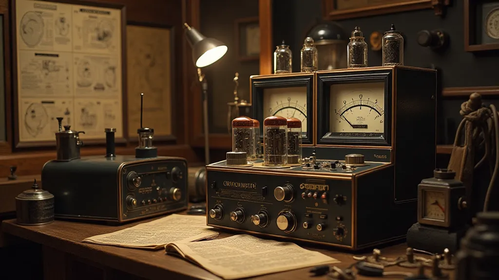 Vintage tube tester display with antique radio components