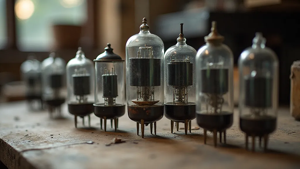Vintage vacuum tubes on a workbench